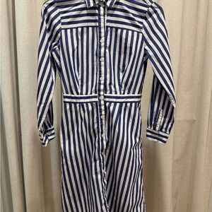 J.Crew Women’s Sz 2 Blue White Stripe Long Sleeve Shirt Dress Midi